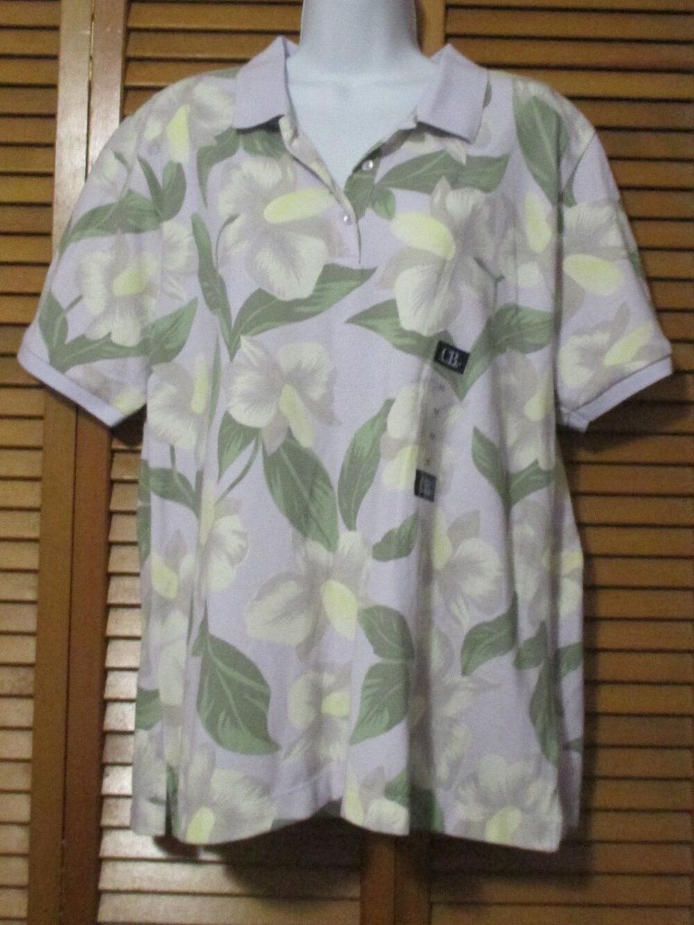 CB Casual polo top NEW lavender tropical print soft & stretchy button neck sz XL
